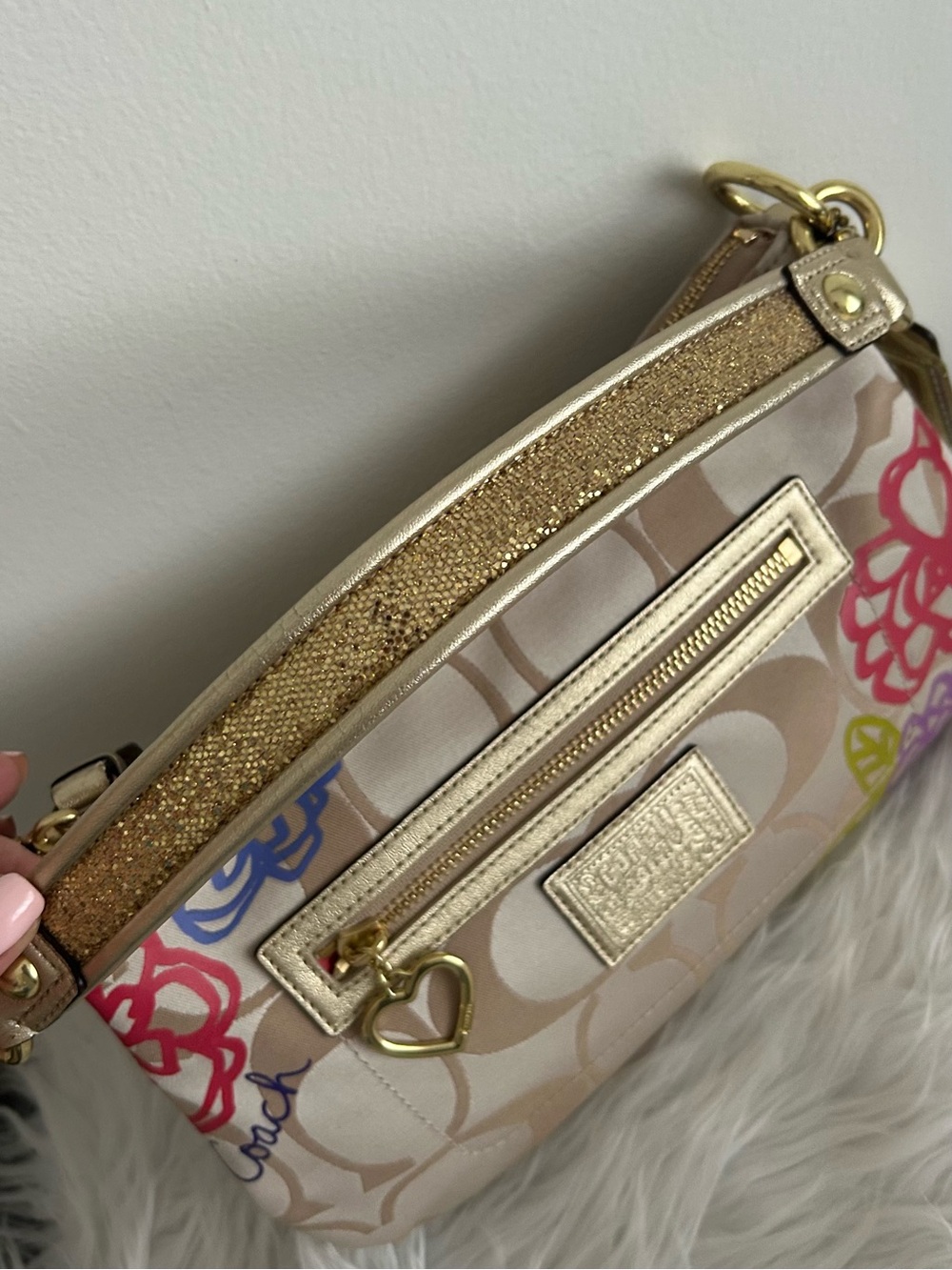 Coach Beige Signature Shoulder Bag with Pink Purple Green Floral Accents - Picture 15 of 16